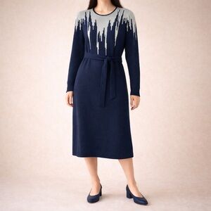 Vintage 80s Knit Sweater Dress Navy Blue Grey Long Sleeve Belted Size Medium